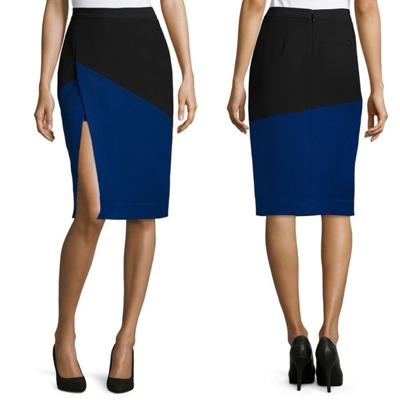 BCBGMAXAZRIA Jowell Sheath Pencil Colorblock Skirt Royal Blue Black Slit Formal - Picture 1 of 12